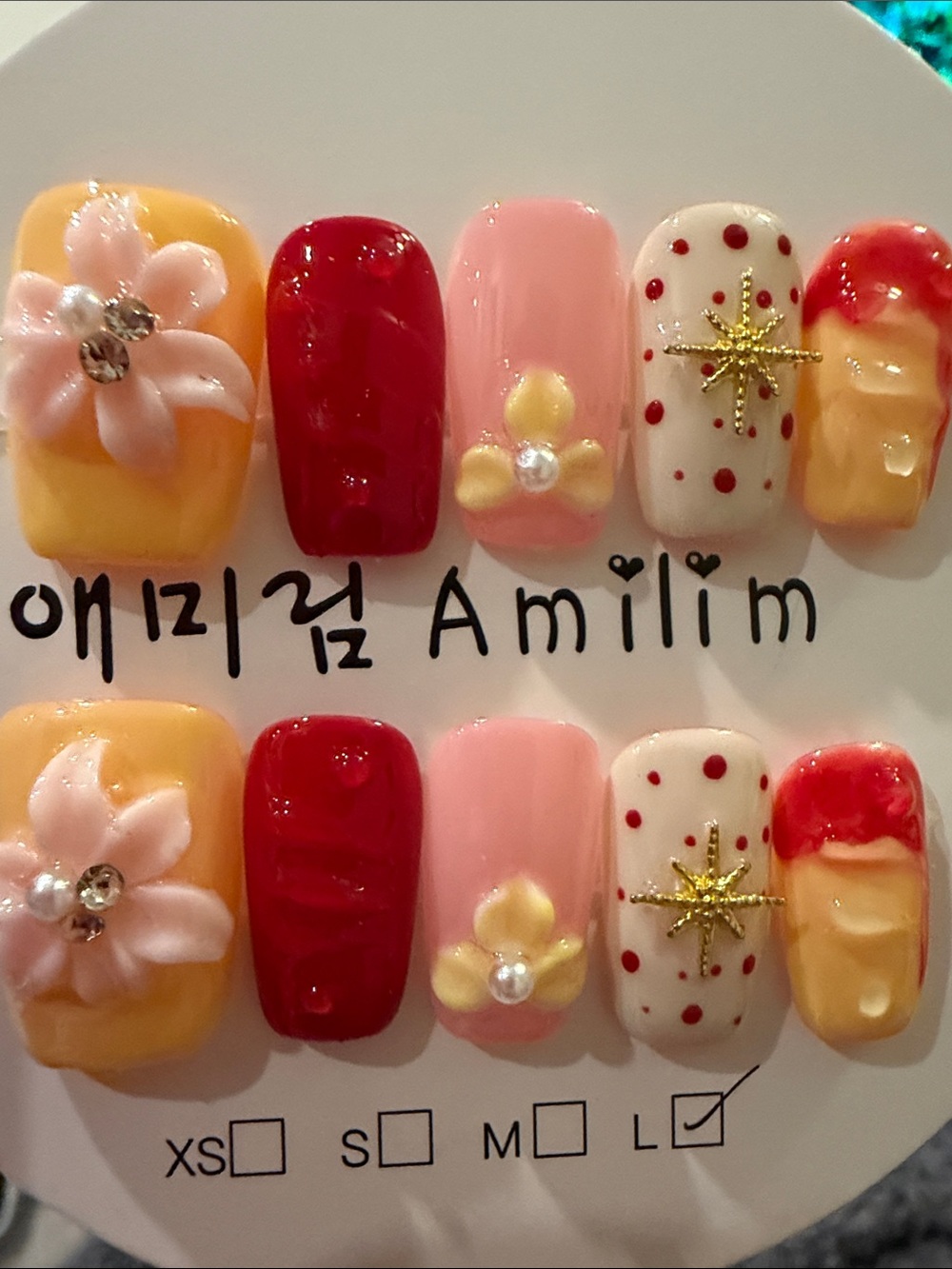 Handcrafted Floral & Star Accent Press-On Nails — Pink, Red, Yellow